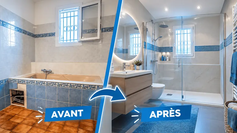 Avant / après : rénovation complète de salle de bains avec grande douche vitrée